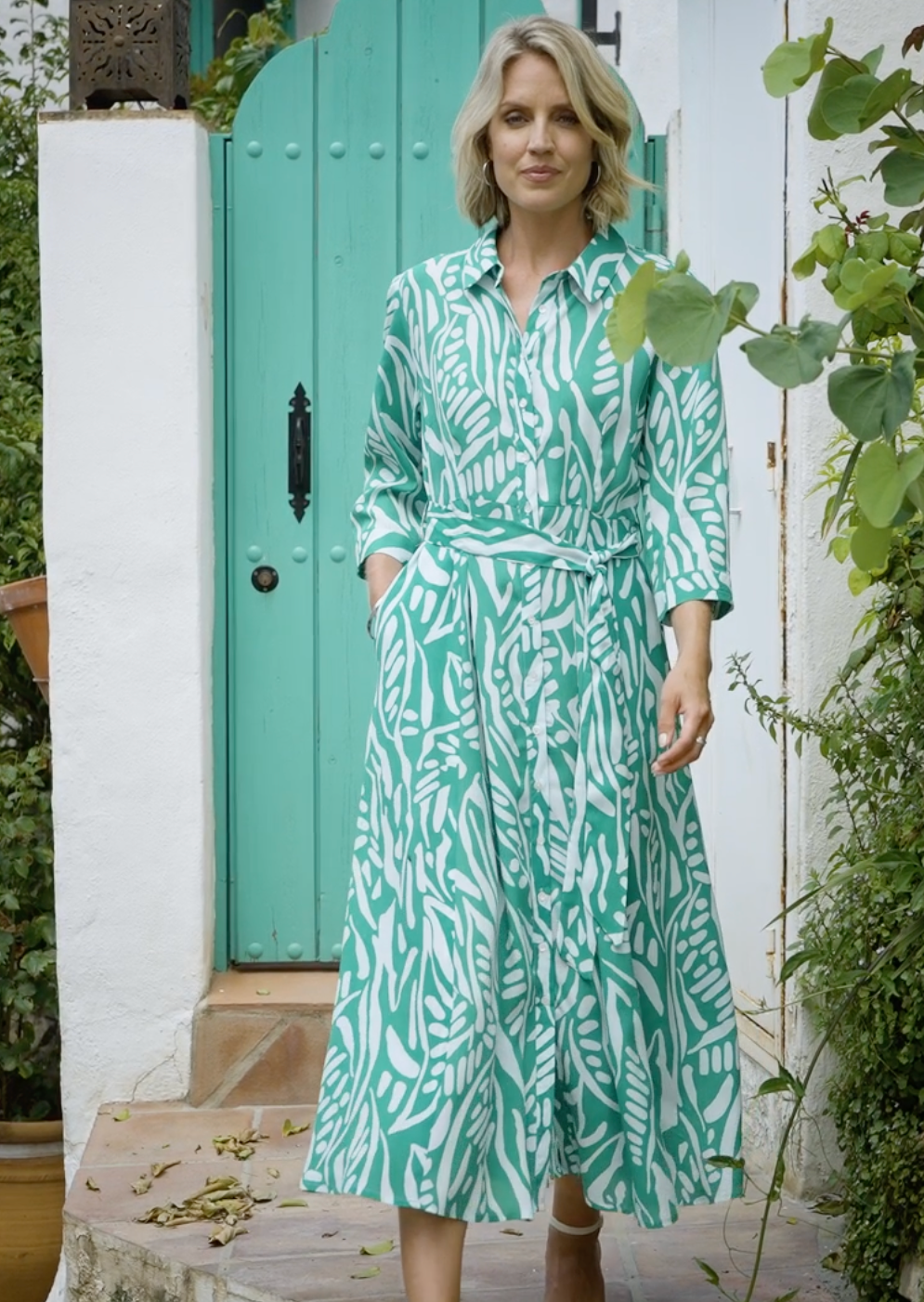 POMODORO CLOTHING ABSTRACT SHIRT DRESS GREEN