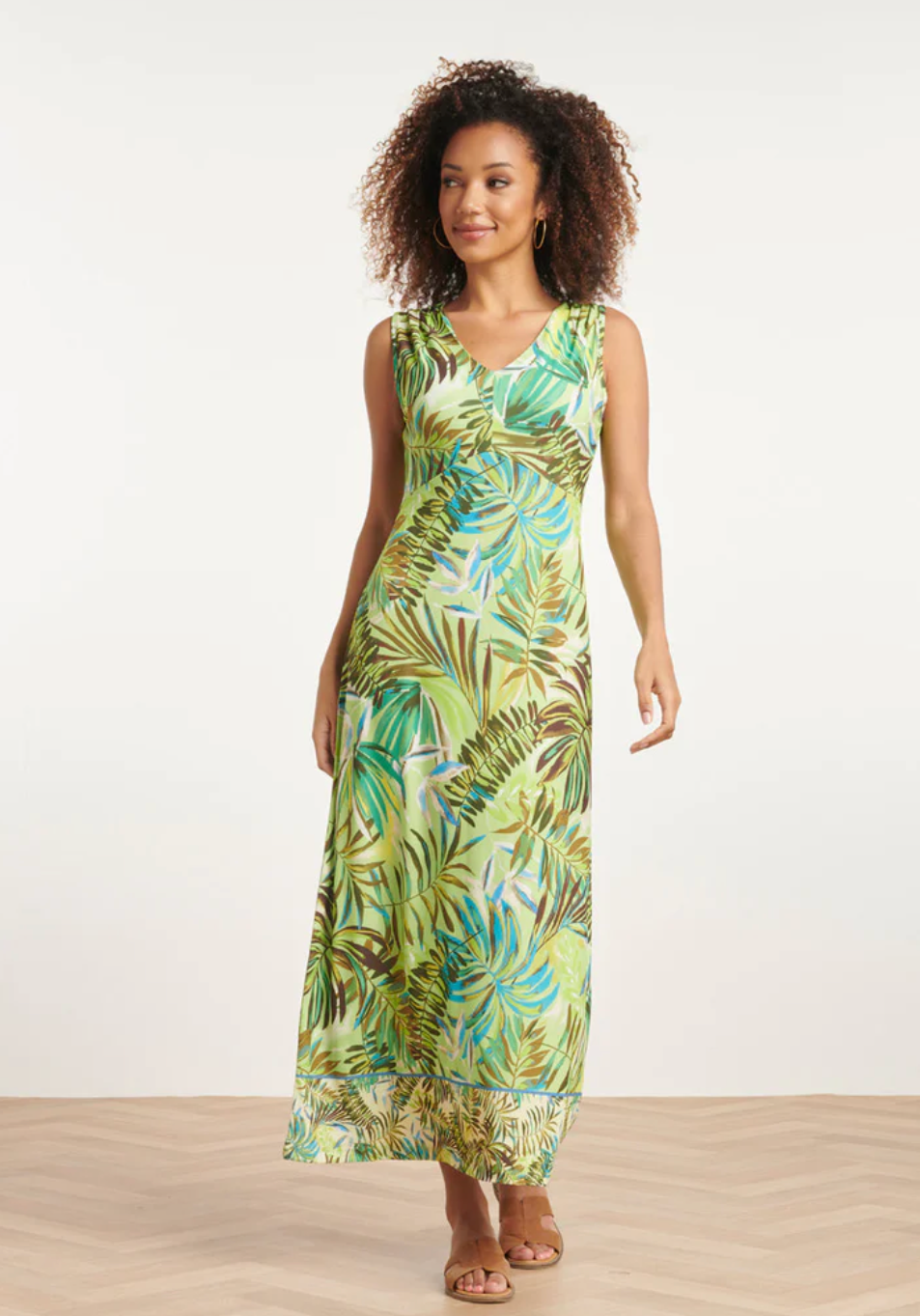 COMFORTABLE STRETCH MAXI SUMMER DRESS WITH LEAVES PRINT