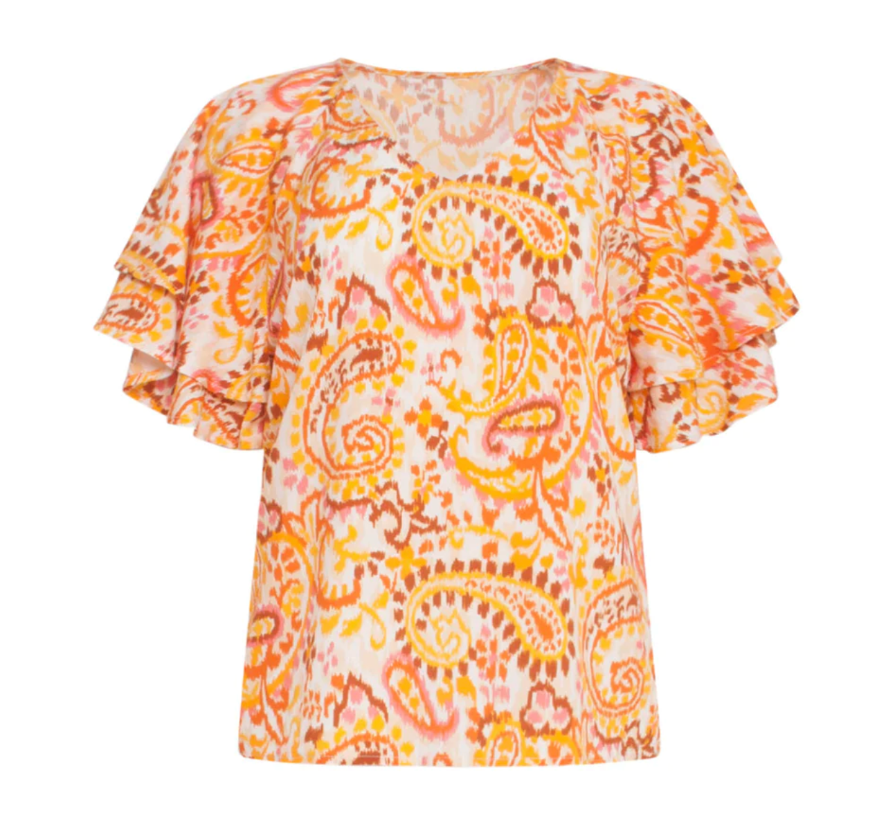 PAISLEY PRINT V-NECK TOP WITH RUFFLES