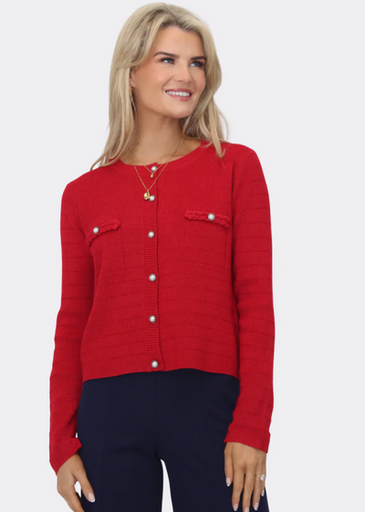 KATE & PIPPA ZUKI BUTTONED KNIT JACKET IN OFF - RED KNIT