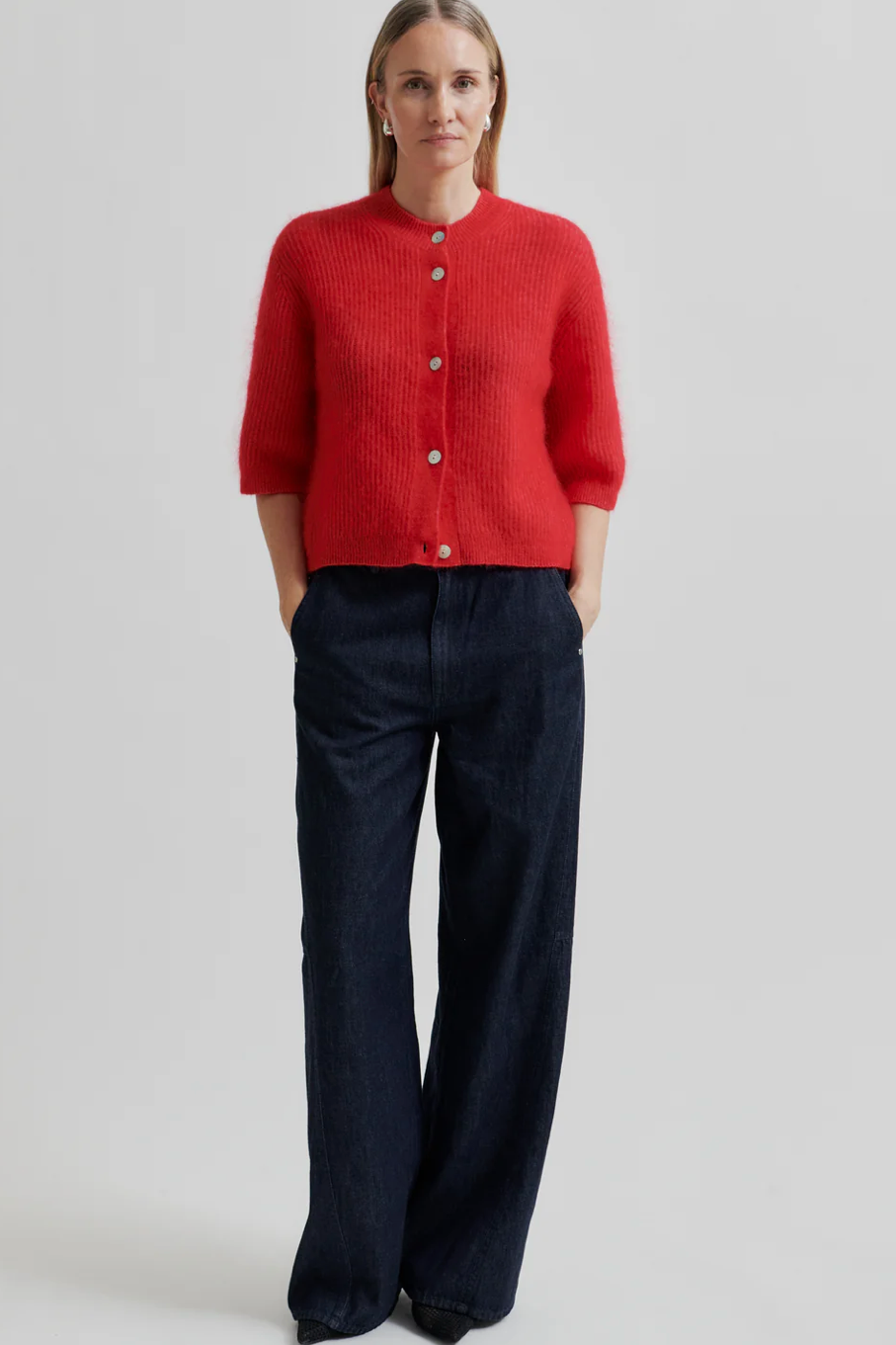 Andrea Knit Rib Cardigan Red