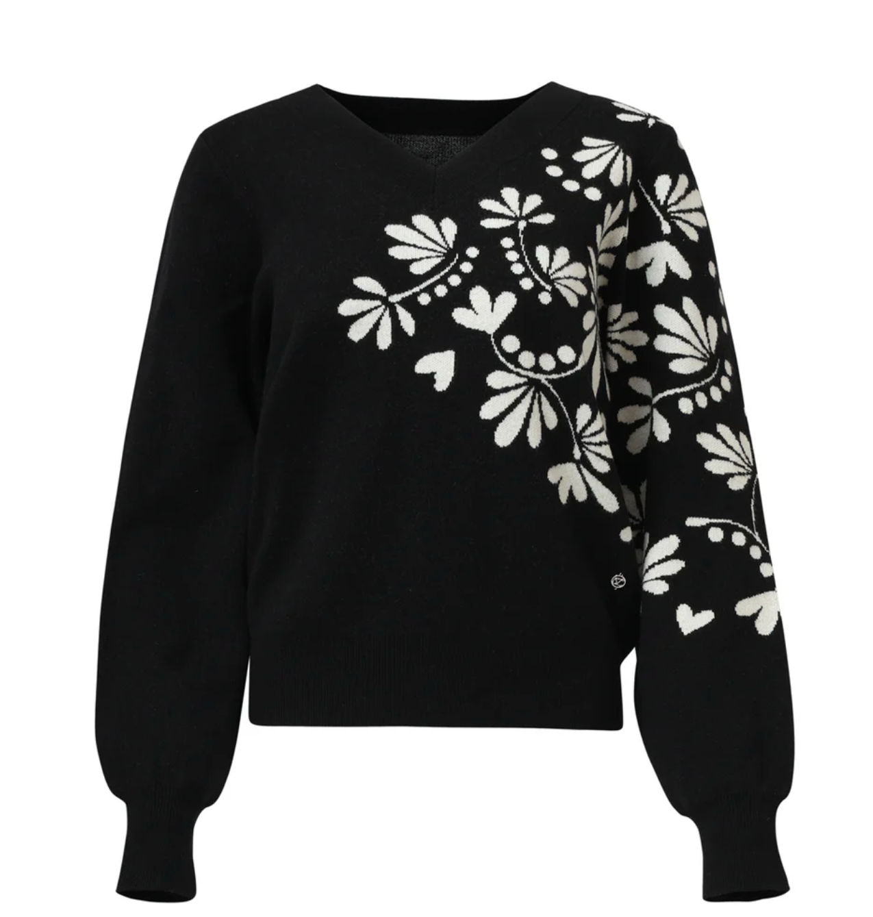 25537 BLACK AND OFF-WHITE FLORAL PRINT V-NECK KNITTED TOP