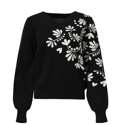 25537 BLACK AND OFF-WHITE FLORAL PRINT V-NECK KNITTED TOP
