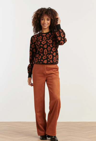 25535 KNITTED ANIMAL PRINT KNIT TOP BLACK AND COGNAC | BLACK - COGNAC