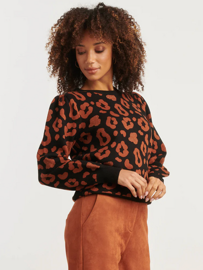 25535 KNITTED ANIMAL PRINT KNIT TOP BLACK AND COGNAC | BLACK - COGNAC