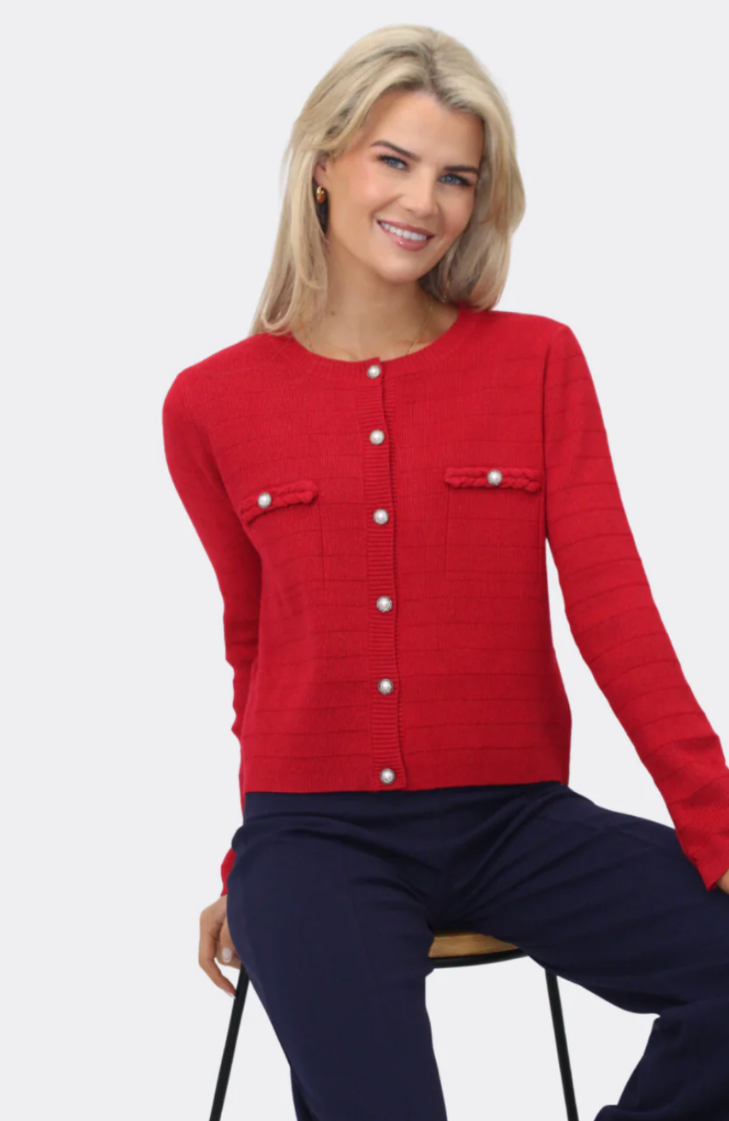 KATE & PIPPA ZUKI BUTTONED KNIT JACKET IN OFF - RED KNIT